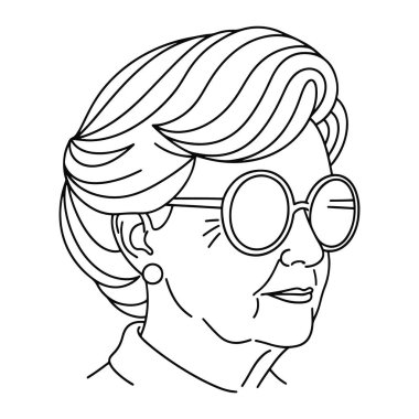 Bir kadının kafasının ve omuzlarının basit siyah beyaz çizgisi. Kısa saçlı, yuvarlak gözlükleri ve küpeleri var. Minimalist ve kalın çizgileri var, gölgeleme ya da renk yok. Siyah beyaz çizgi, kadın, gözlük. siyah ve beyaz lin