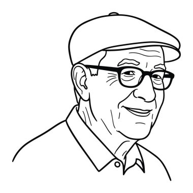 Düz bir şapka ve dikdörtgen gözlük takan, nazik bir gülümsemesi olan yaşlı bir adamın basit siyah beyaz çizgisi. Adamın kafasına ve omuzlarına odaklanıyor, yüzünü gösteriyor, göz ve ağız çevresindeki kırışıklıklar da dahil. İnce ve esrarengiz bir havası var.