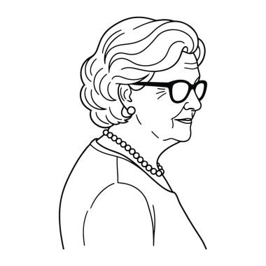 Profil görünümlü yaşlı bir kadının kafasının ve omuzlarının basit siyah beyaz çizgisi. Kısa, dalgalı saçları var ve siyah gözlük, inci kolye ve küpe takıyor. Yüzü minimalistik, ince bir gülümsemesi var. Arkaplan düz beyaz