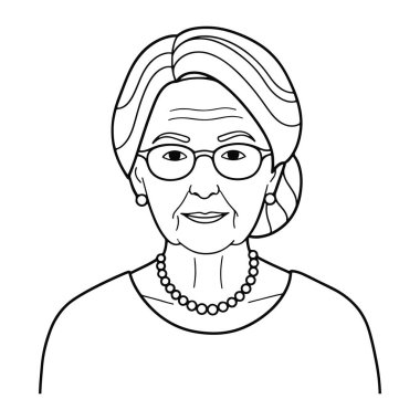 Gözlüklü, inci kolyeli ve küpeli yaşlı bir kadının basit siyah beyaz çizgisi. Saçları düşük bir topuz şeklinde ve ince bir gülümsemesi var. Temiz çizgiler ve minimum gölgeleme, düz beyaz arkaplan üzerine kurulur.