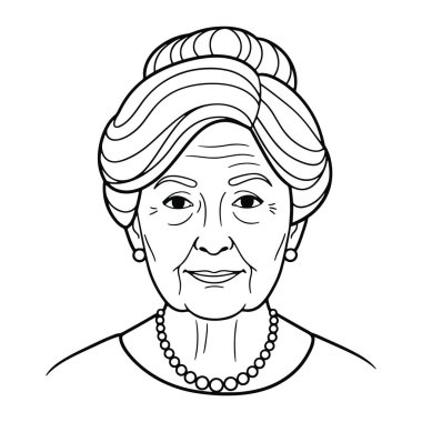 İnci kolyesi ve küpeleri olan yaşlı bir kadının basit siyah beyaz çizgisi. Saçları topuz şeklinde ve yüzünde nazik bir gülümseme var. Minimum detaylara ve düz beyaz arka plana sahip bir a.