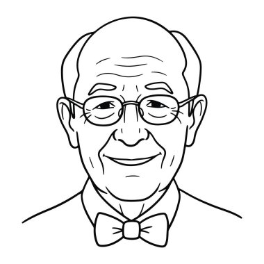 Yüzünde gülümseme olan yaşlı bir adamın basit siyah beyaz çizgisi. O, gözlük ve papyon takarak tasvir edilir. Düz beyaz bir arkaplanı olan bir kafa ve omuz portresi. Tarzı minimalist ve çizgi film gibi, bas 'a odaklanıyor.