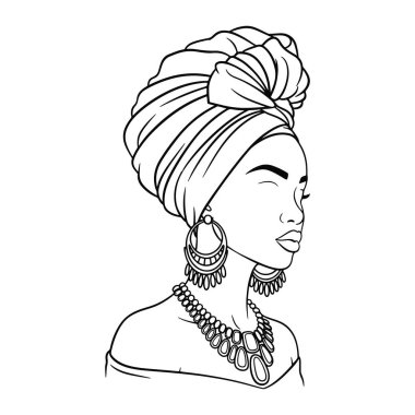Saç bandı ve mücevher takan bir kadının siyah beyaz çizgisi. Kadın profilden çizilmiş, sağa bakıyor. Kafasına bağlı bir başörtüsü var ve büyük küpeler ve bir kolye takıyor. Gölgesi olmayan basit bir çizgi.