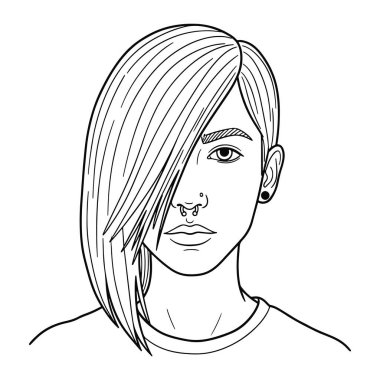 Kafası ve omuzlarından oluşan siyah beyaz bir çizgi. Burnu ve kulağında belirgin asimetrik saç stili ve piercingler var. Yüzü detaylıdır, ifadesiz yüzüne odaklanmıştır. Düz beyaz bir arkaplan ile ayarlanır.