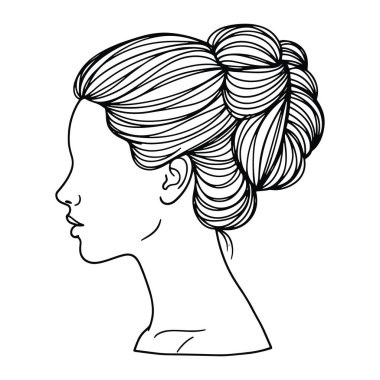 Bir kadının kafasının basit siyah beyaz çizgisi, profilde, sola dönük. Saçları kafasında bir topuz şeklinde. Detaylı çizgiler de doku ve hareketi gösteriyor. Yüzü, kulağı, boynu ve omzu beyaz bir sırt deliğine dayanıyor.