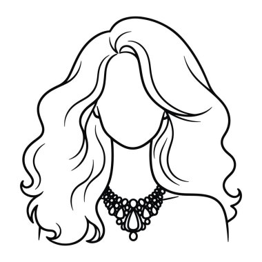 Uzun dalgalı saçları ve boncuklu kolyesi olan basit bir kadın kafası ve omuz çizgisi. Yüzünde siyah-beyaz çizgileri olmayan, uzun saçlı, minimalist bir kadın. uzun w ile kadın kafasının siyah ve beyaz çizgisi