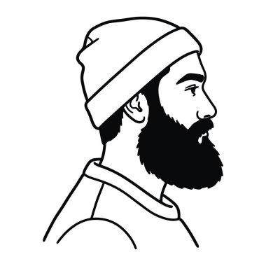 Bir adamın başı ve omuzlarının siyah ve beyazı, profilden sağa bakıyor. Onun kalın bir sakalı ve bıyığı var ve bir bere ve yakalı bir gömlek giyiyor. Basit, minimalist bir şekilde, kalın çizgiler ve gölgelendirme olmadan yapılır..