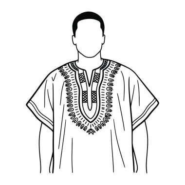 Göğsünde ve kollarında karmaşıklık olan bir dashiki giyen siyah beyaz bir adam. Adamın kısa saçları ve tarafsız bir ifadesi var. Dashiki 'nin V şeklinde bir yakası ve kısa kolları var. Basit ve kalın çizgiler ve en az gölgelendirme ile.