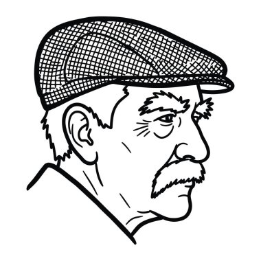 Bir adamın siyah ve beyaz kafası ve omuzları, profilden görülüyor. Düz bir şapka takıyor, ağ desenli, bıyıklı ve kısa sakallı. Kalın çizgiler ve basit bir renk düzeni. Yüzünde kırışıklıklar var..
