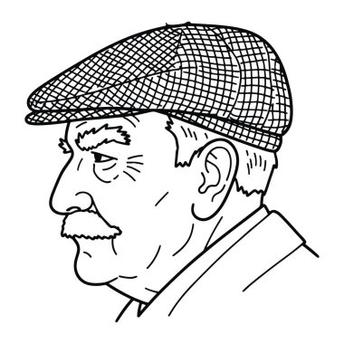 Bir adamın profilinin siyah beyaz çizgisi. Düz bir şapka takıyor ve damalı desenli ve bıyıklı. Yüzüne vurgular, göz ve burun çevresindeki kırışıklıklar da dahil. Adamım, düz şapka, siyah ve beyaz. Siyah ve beyaz bir adam