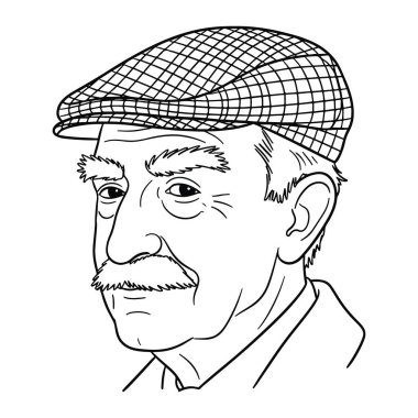 Bir adamın siyah ve beyaz kafası ve omuzları, yan profilden görülüyor. Damalı düz bir şapka takıyor ve bıyığı ve kısa sakalı var. Basit, kalın çizgiler ve en az gölgelendirme ile, düz beyaz arka plan.