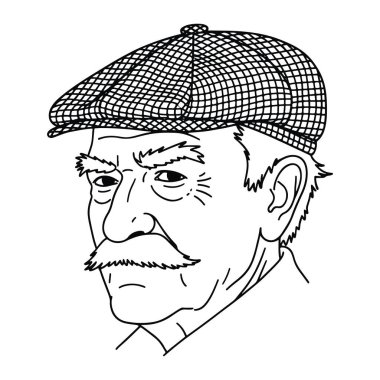 Siyah ve beyaz bir adam kafası ve omuzları, kareli düz bir şapka takıyor ve bıyıklı. Kalın çizgiler ve asgari gölgeleme ile basit bir çizgi şeklinde yapılır. Adamın yüz ifadesi nötr, ve sola doğru bakıyor. Şey...