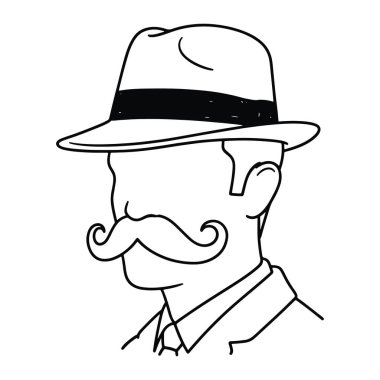 Bir adamın başı ve omuzlarının basit bir siyah beyaz resmi. Siyah bantlı ve kıvrık bıyıklı bir fötr şapka giyiyor. Yüzü detaylı değil, ve vücudu sadece omuzlarından yukarda, yakalı ve kravatlı bir takım elbise giyiyor. Evet.