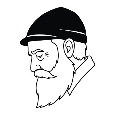 Profil görünümünde bir adamın siyah ve beyaz portresi. O bir şapka takıyor ve sakalı ve bıyığı var. Kalın çizgiler ve asgari gölgeleme ile basit bir çizgi şeklinde yapılır. Arkaplan düz beyaz.