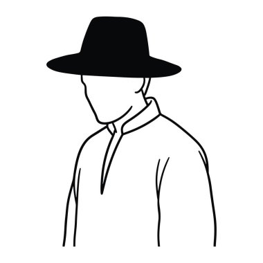 Şapka takan siyah beyaz bir adam. Adam göğüsten yukarı, sola dönük, yüzünü kapatan büyük bir şapkayla tasvir ediliyor. O yakalı bir gömlek giyer. Bu yüz hatları olmayan minimalist bir çizgidir.