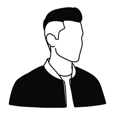 Bir adamın üst gövdesinin sade siyah ve beyaz görüntüsü, profilden sağa bakıyor. Kısa saçlı ve yakalı bir gömleğin üzerine ceket giyiyor. Minimalist, temiz hatları var ve yüz adamı yok, siyah-beyaz, yüzü yok. Siyah beyaz bir adam.