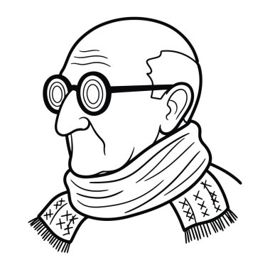 Bir adamın siyah ve beyaz omuzları. O, alnında kırışıklıklarla kel ve yuvarlak gözlük takıyor ve püsküllü bir eşarp takıyor. Rengi ve gölgesi olmayan basit bir çizgi.