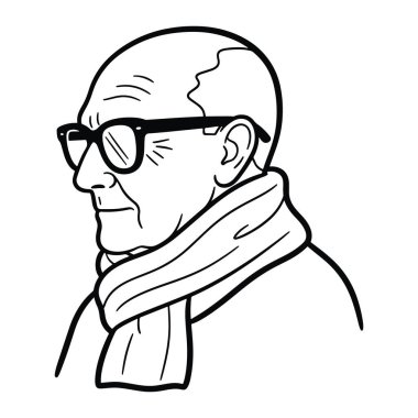 Bir adamın başı ve omuzlarının basit bir siyah beyaz resmi. Yüzünde kırışıklıklarla kel ve siyah gözlük ve eşarp takıyor. Arka plan düz beyaz. Dostum, gözlük, eşarp. siyah beyaz bir adam gözlük ve eşarp takıyor..