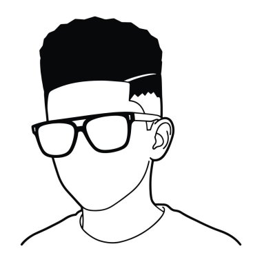 Bir adamın başı ve omuzlarının basit bir siyah beyaz resmi. Kısa, şekilli saçları var ve dikdörtgen gözlük takıyor. Yüz bakımı detaylı değil, yüzü boş kalıyor. O bir tişört giyiyor gibi görünüyor. Modern, minimalist tarzda yapılmıştır.