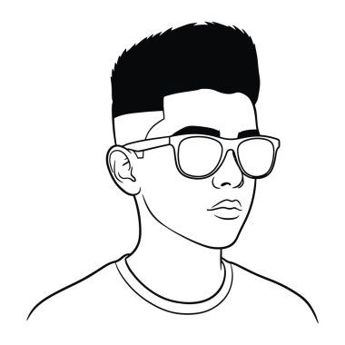 Bir adamın başı ve omuzlarının basit bir siyah beyaz resmi. Kısa, dikenli saçları var ve geniş kare şeklinde kalın çerçeveli güneş gözlüğü takıyor. Yüzü minimalistik, küçük bir burnu ve dudakları var. O bir tayfa yaka tişörtü giyiyor. Bitti.