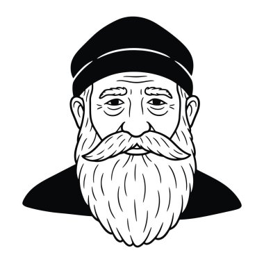Siyah ve beyaz bir adam kafası ve omuzları, belirgin bir sakal ve bıyık, bir şapka ve şal, ayrıntılı bir yüz ve kırışıklıklar odaklı, düz beyaz bir arka plan karşı kurulmuş. Adam, sakal, bıyık. Siyah beyaz bir adam.