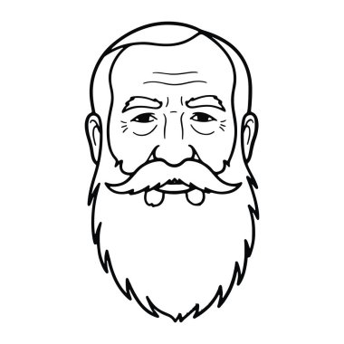 Sakallı ve bıyıklı, siyah beyaz bir adam. Adamın saçı dökülüyor ve yüzünde birkaç kırışıklık var. Yüz ifadesi tarafsız görünüyor. Rengi ve gölgesi olmayan düz bir çizgi biçiminde yapılır.