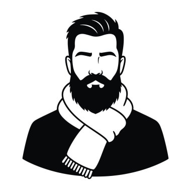 Sakallı, bıyıklı, atkı ve süveter giyen basit bir siyah beyaz adam. Bu, kalın çizgileri ve en az gölgelendirmesi olan bir tasvirdir. Adamın kısa saçları, kalın bir sakalı ve bıyığı var. Kalın bir eşarp takıyor.