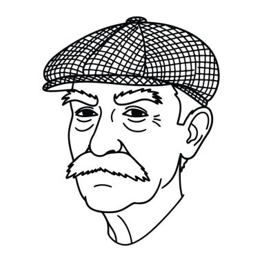 Kafası ve omuzları siyah-beyaz çizgili, düz bir şapka takan, şebeke desenli, bıyıklı ve sakallı. Basit çizgiler ve en küçük gölgeleme, düz beyaz arkaplan üzerine kurulur.