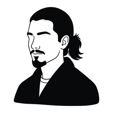 Bir adamın başı ve omuzlarının basit bir siyah beyaz resmi. Keçi sakalı ve at kuyruğu var. Saçları koyu renk ve geriye doğru çekilmiş. Bıyığı ve sakalı var. O, beyaz bir gömleğin üzerine koyu bir ceket giyiyor. Arkaplan düz beyaz.