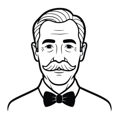 Bir adamın siyah ve beyaz omuzları. Onun ayırt edici bir bıyığı var ve bir papyon takıyor. Saçları arkaya taranmış ve yüzünde hafif bir gülümseme var. Basit, çizgi sanatı tarzında, en az gölgelendirme ya da doku ile yapılır. Arka taraf.