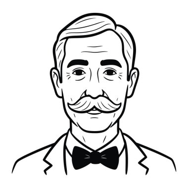 Siyah ve beyaz bir adam kafası ve omuzları, çizgi film tarzında tasvir edilmiş, kalın çizgilerle. Kısa saçlı, kalın bıyıklı ve papyonlu bir takım elbise ceket giyiyor. Arkaplan sade beyazdır, ve basit bir şekilde gösterilir..