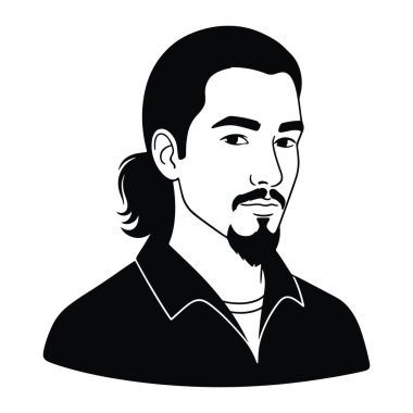 Bıyıklı ve keçi sakallı basit bir siyah beyaz adam. At kuyruğu var ve yakalı bir gömlek giyiyor. Kalın çizgiler ve gölgelendirme olmadan minimalist bir tarzda yapılır. Adamım, siyah beyaz, bıyıklı..