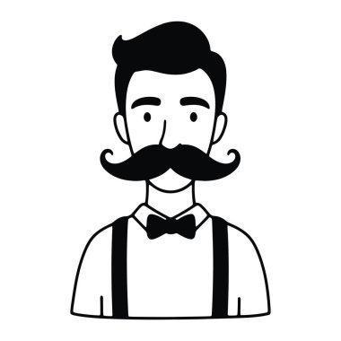 Bıyıklı, kısa saçlı, papyon ve pantolon askısı takan sade siyah beyaz bir adam. Kalın çizgileri ve düz beyaz arkaplanı olan minimalist bir stil..