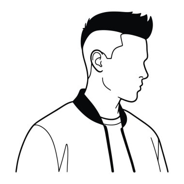 Bir adamın profilinin basit bir siyah-beyaz örneği. Kısa saçlı ve fermuarlı bir ceket giyiyor. Minimalist tarzda, temiz çizgiler ve gölgelendirme olmadan yapılır. Siyah beyaz, kısa saçlı. Siyah beyaz, kısa saçlı profesyonel bir adam.