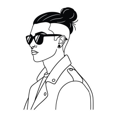 Yan profilde bir adamın siyah ve beyaz kafası ve omuzları var. Tıraşlı tarafı ve topuzu olan kendine özgü bir saç stili var ve koyu güneş gözlüğü ve apoletli bir ceket giyiyor. Kulağında dairesel bir küpe var. Bir m 'de yaratılmıştır.