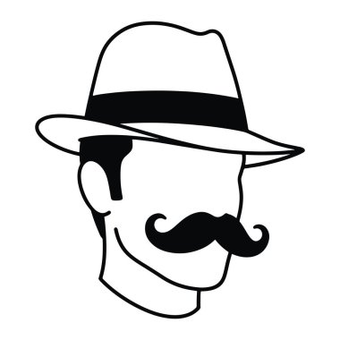 Yan profilde siyah-beyaz bir adam resmi, belirgin bir bıyığı ve geniş kenarlı ve çentikli bir şapkası var. Minimalist, temiz hatları ve ek detay ve dokuları yok. Adamın yüzü büyük oranda gizlenmiş.