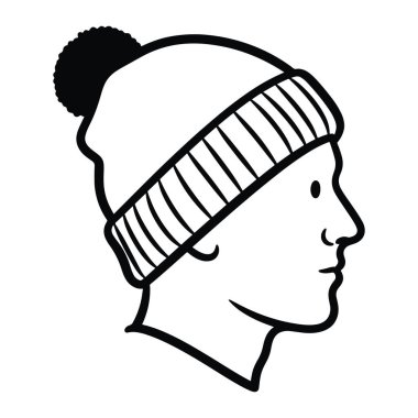 Yan profilde, berenin üzerinde ponpon olan bir bere takan bir kişinin basit siyah ve beyaz bir yüzü, kurdeleli bir manşete sahiptir ve kişinin yüzü basit ve minimalist bir şekilde tasvir edilir. siyah ve beyaz, çizgi insanı, kafa. siyah ve beyaz