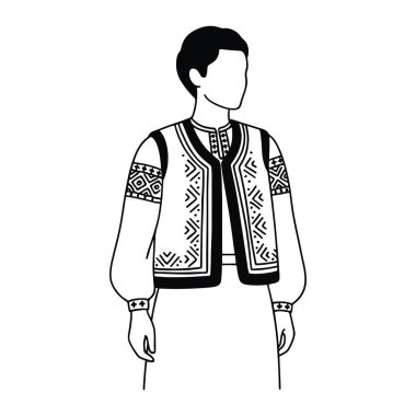 Kısa saçlı, yüzü olmayan, geleneksel kıyafetler giyen, ceketinde ve kollarında karmaşık desenler olan, elleri beyaz arka planda duran, siyah ve beyaz bir adam..