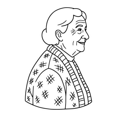 Yaşlı bir kadının gülümsediği, profilden sağa bakan basit bir siyah beyaz çizgi. Kısa saçları var ve çapraz çizgileri olan bir hırka giyiyor. Düz beyaz bir arkaplan ile ayarlanır.