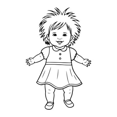 Kısa, dikenli saçları olan gülümseyen küçük bir kızın siyah beyaz çizgisi. Düğmeleri, tasması ve ayakkabıları olan kısa kollu bir elbise giyiyor. Kolları iki yana doğru uzanıyor ve yüzünde neşeli bir ifade var. Arka plan...