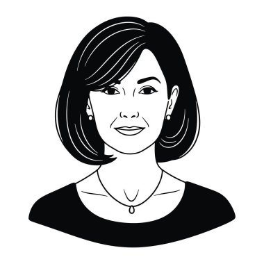 Kısa saçlı ve gülümseyen basit siyah beyaz bir kadın. Bir tarafında kâkülleri olan kısa bir saç kesimi ve küçük küpeleri ve gözyaşı kolyesi olan bir kolyesi var. Yüz ifadesi cana yakın ve cana yakın. Geri kafalı.