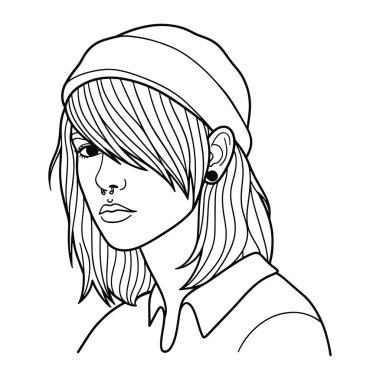 Bir kadının başı ve omuzlarından oluşan siyah beyaz bir çizgi. O bir bere takıyor, yakalı bir gömlek, bir burun halkası ve küpeler. Saçları omuz hizasında ve alnını kısmen örtüyor. Basit ve minimalistik, kalın çizgileri var ve s yok.