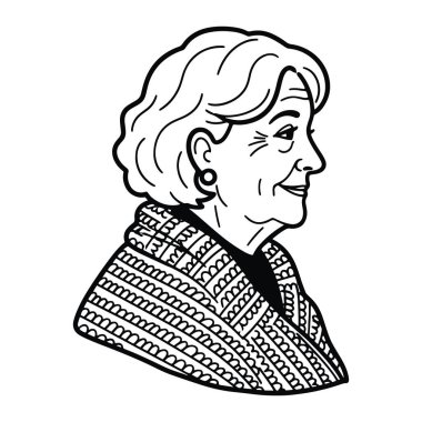 Kısa saçlı, gülümseyen ve sağa bakan yaşlı bir kadın. Yatay çizgili ve siyah yakalı desenli bir ceket giyiyor ve sol kulağında bir küpe var. Çizgi film stilinde kalın çizgiler ve simülasyonla yapılır