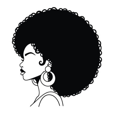 Afro saç stili ve geniş halka küpeleriyle bir kadının kafasının basit siyah beyaz portresi. Kalın çizgiler ve küçük detaylar, düz beyaz bir arkaplan üzerine kurulmuş. Kadının yüzü, sakin bir ifadeyle gözleriyle resmedilmiş.