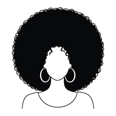 Büyük bir afro saç stili ve geniş halka küpeleri olan basit bir kadın kafası ve omuzları. Düz beyaz bir arkaplanı vardır ve sadece temel yüz ifadeleri içerir, ayrıntılı bir ifade olmaksızın..
