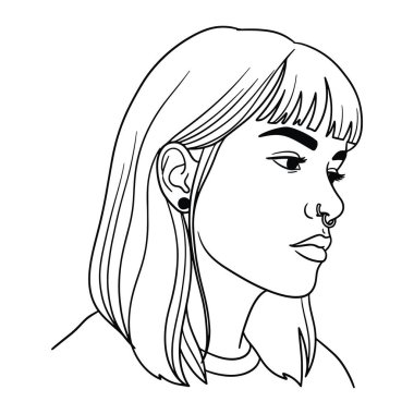 Bir kadının başı ve omuzlarından oluşan siyah beyaz bir çizgi, profilden sağa bakıyor. Saçı düz omuzlu, kâküllü, burun halkası ve dairesel küpeleri var. Yüz ifadesi nötr. Düz beyaz bir b 'ye karşı.