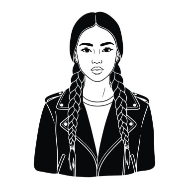 Siyah beyaz bir kadın, iki örgülü, altında ceket ve beyaz bir gömlek olan, düz beyaz bir arka plan üzerine kurulmuş. Cesur hatlar ve minimalist bir tarz. Kadının yüzüne ve kendine özgü saç stiline odaklanıyor..