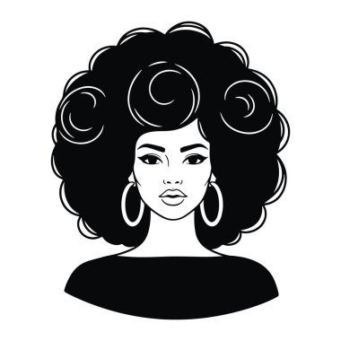 Büyük kıvırcık saç stili ve geniş halka küpeli siyah beyaz bir kadın. Yüzü kalın kaşlar, dolgun dudaklar ve tarafsız bir ifadeyle tanımlanmış. Sade bir siyah giyer Sade beyaz bir arka plan üzerine kuruludur.