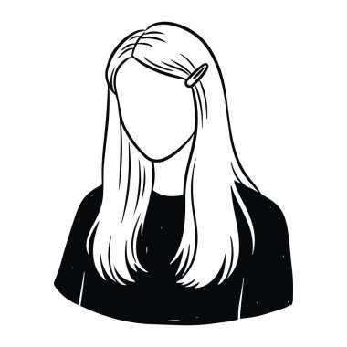 Bir tarafta uzun saçlı ve tokalı basit bir siyah beyaz kadın resmi. Yüzü çizilmemiş ve siyah bir gömlek giyiyor. Düz beyaz bir arkaplan üzerine kuruludur. Kadın, uzun saçlı, tokalı..