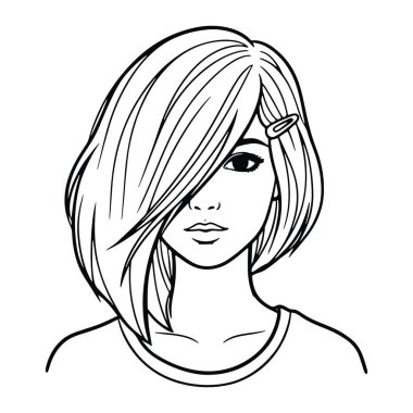 Kısa saçlı ve tokalı siyah beyaz bir kadın resmi. En az detay içeren basit bir satır biçimi. Kadının yüz ifadesi tarafsız ve saçları yüzüne doğru düşüyor. Basit bir gömlek giyiyor ve sade bir geçmişi var..